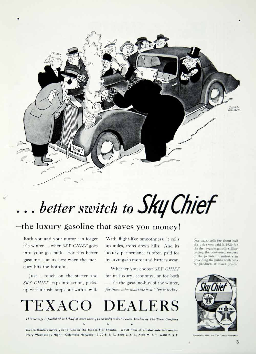 1940 Ad Texaco Dealers Sky Chief Gasoline Petroleum Gluyas Williams YHT1