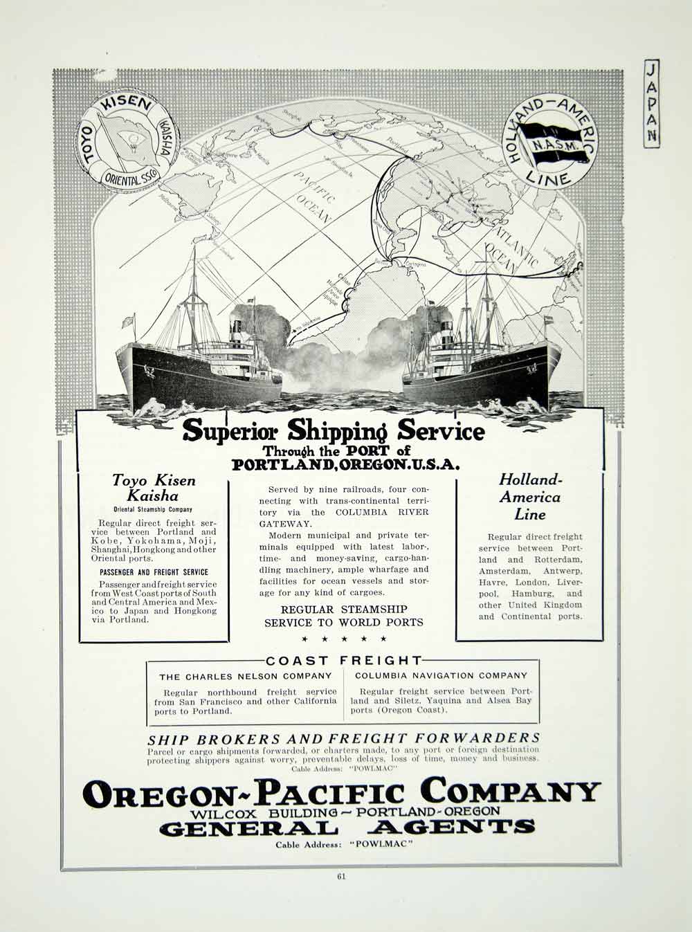 1921 Ad Oregon Pacific Company Shipping Service Toyo Kisen Kaisha Sail YJM2