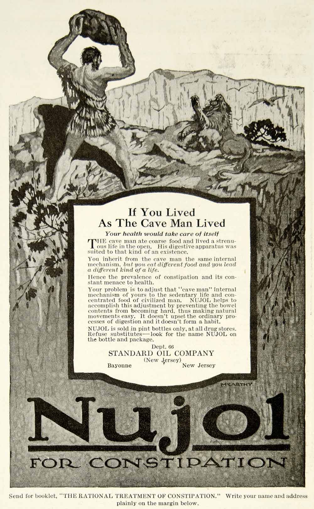 1917 Ad Nujol Constipation Medication Standard Oil Company New Jersey Cave YLD1