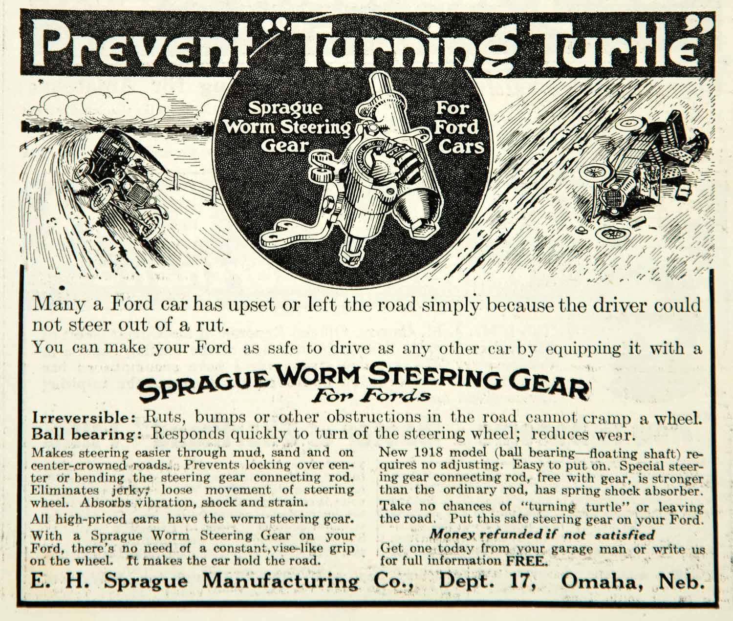 1918 Ad Sprague Worm Steering Gear Ford Cars Manufacturing Company Omaha NE YLD1