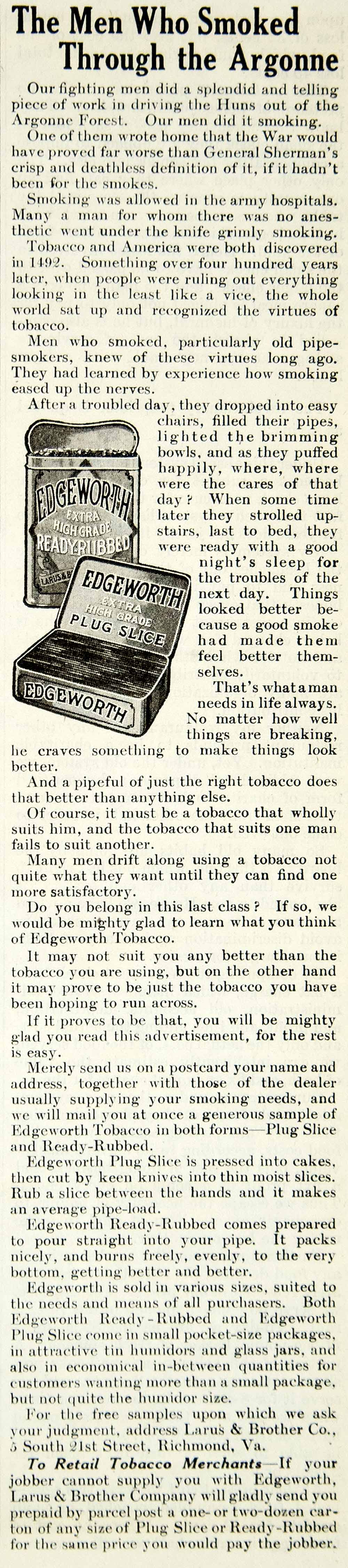 1919 Ad Edgeworth Plug Slice Pipe Tobacco Larus Brother 5 S 21st St YLD2