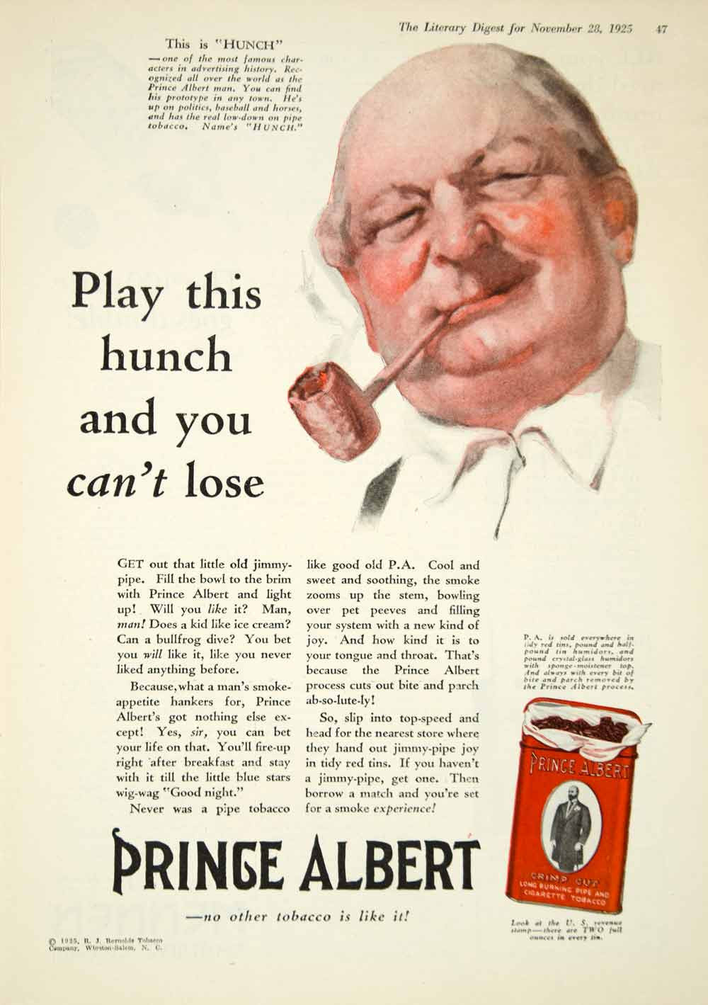 1925 Ad Vintage Prince Albert Pipe Cigarette Tobacco Tin Hunch Adverti –  Period Paper Historic Art LLC