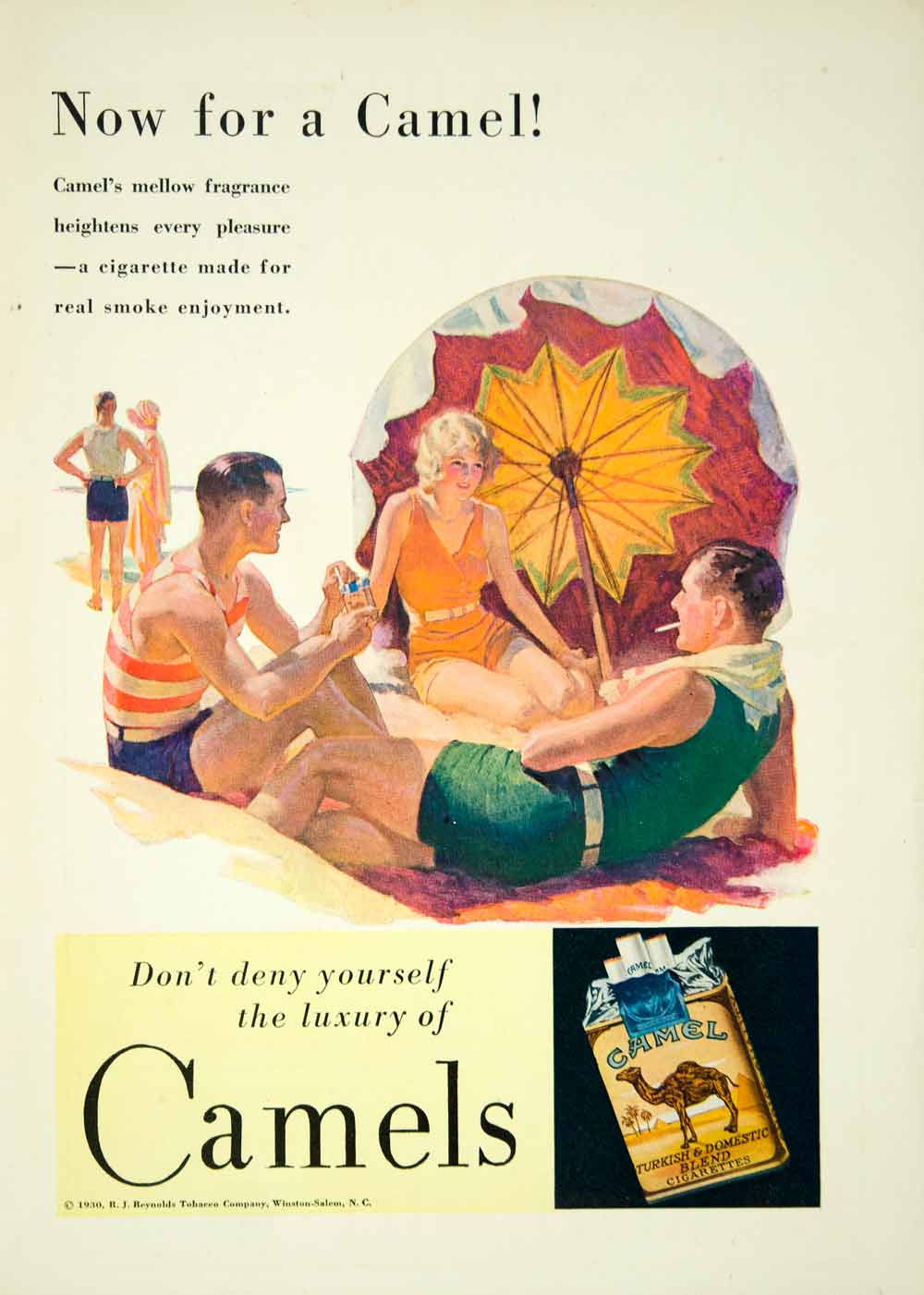 1930 Ad Camel Cigarettes Beach Smoking Swimsuit Umbrella Sun Bathing YLD5