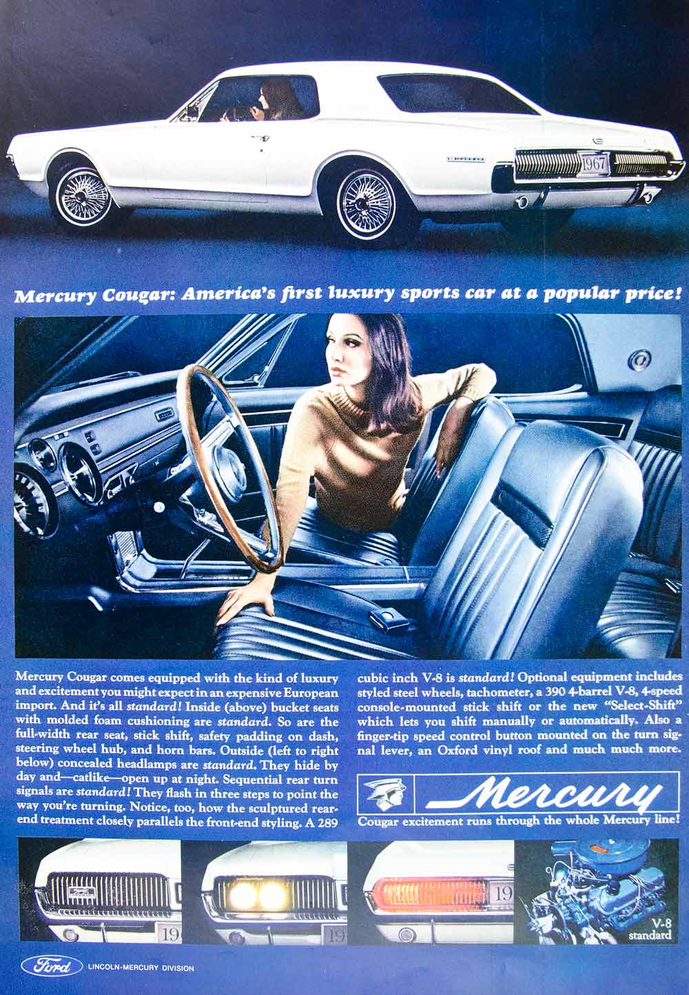 1966 Ad Vintage '67 Ford Mercury Cougar White Sports Car Classic Automobile YLZ2