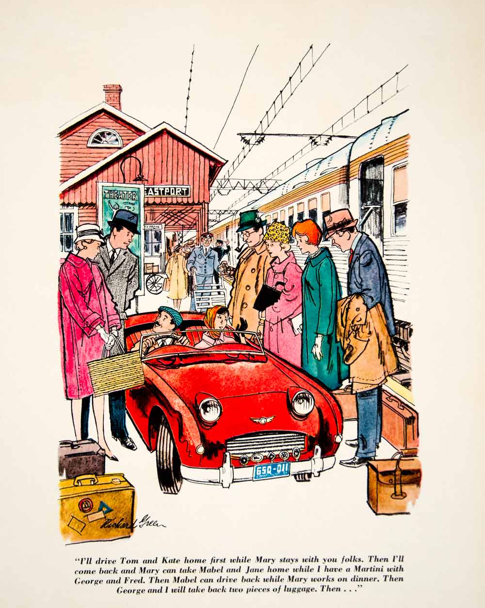 1961 Color Print Richard Green Esquire Cartoon Sports Car Train Commuters YMM4