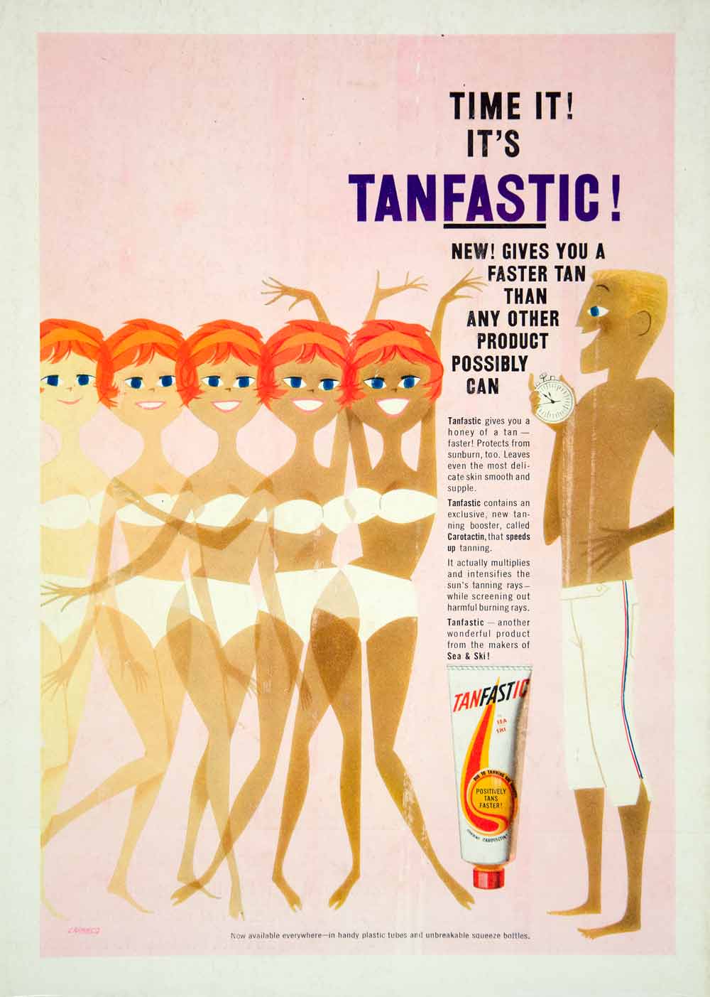 1959 Ad Vintage Tanfastic Suntan Lotion Sea & Ski Bikini Swimsut Tanning YMMA2