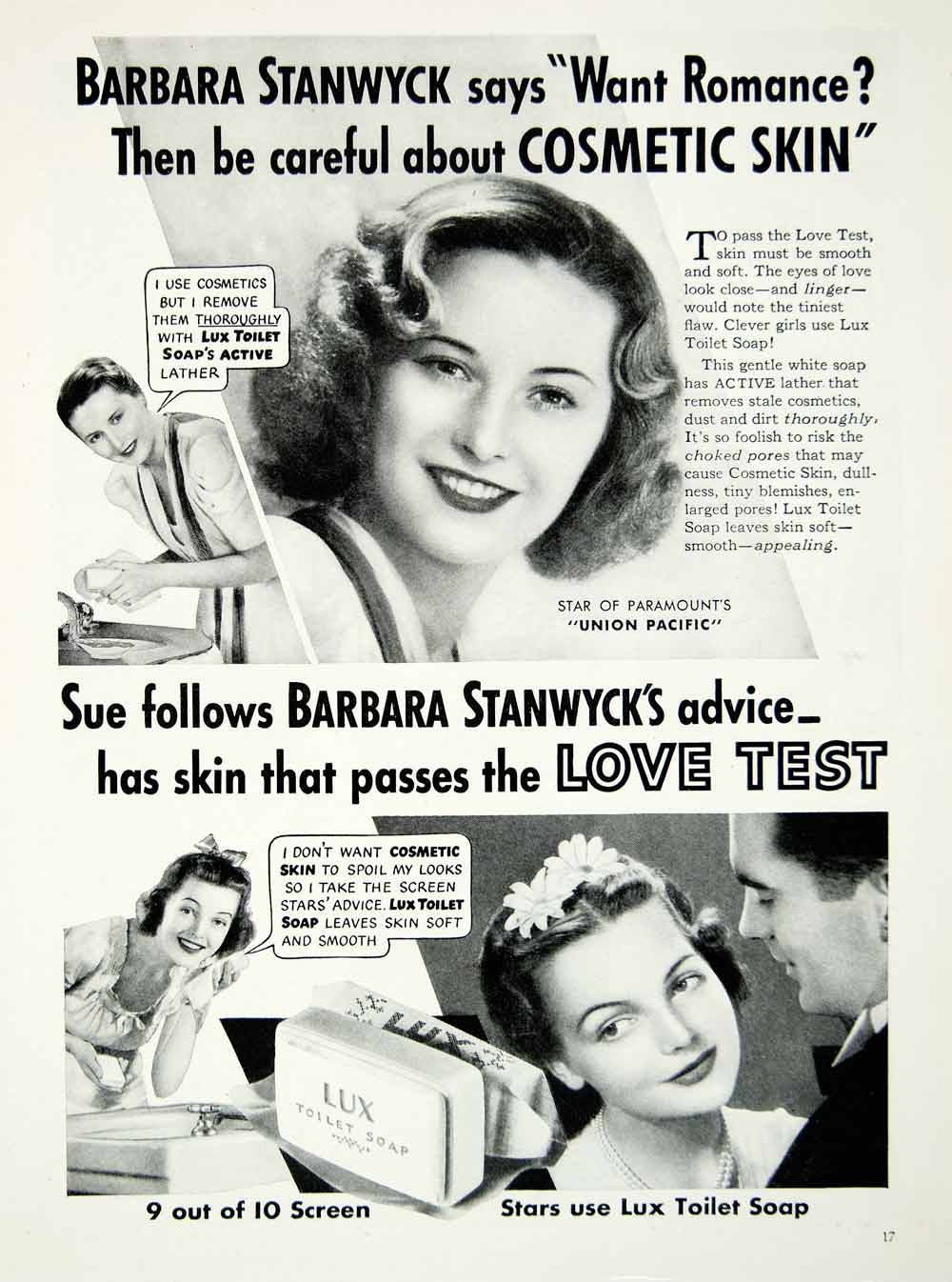 1939 Ad Barbara Stanwyck Cosmetic Skin Lux Toilet Soap Union Pacific YMP1