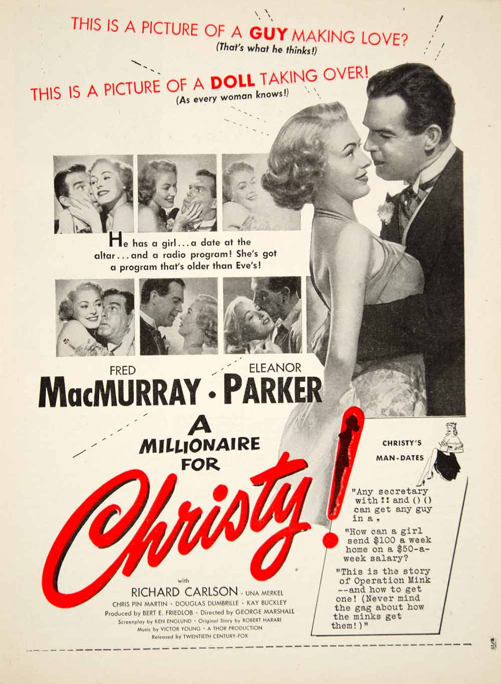 1951 Ad Movie Millionaire for Christy Fred MacMurray Eleanor Parker Co –  Period Paper Historic Art LLC