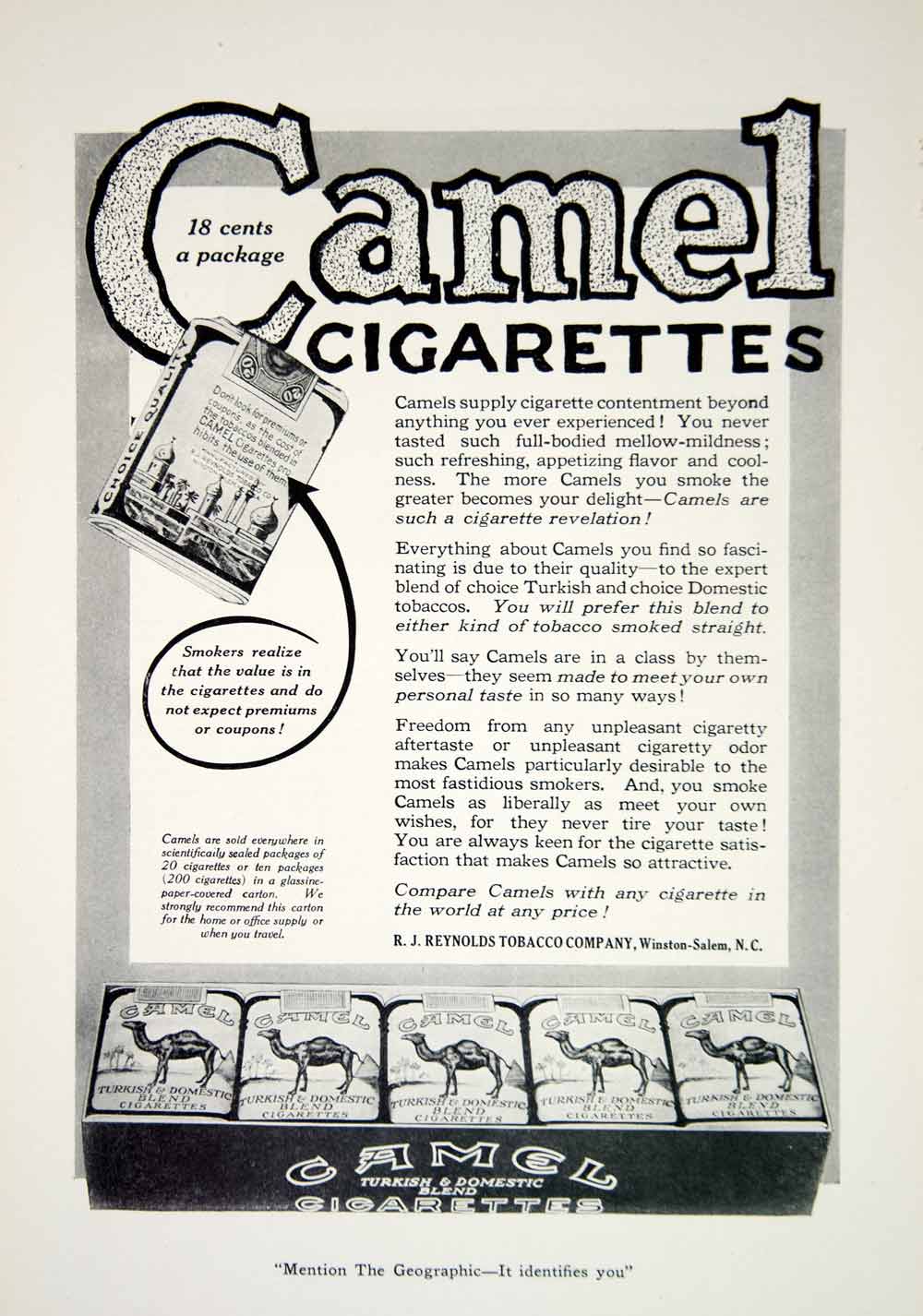 1919 Ad Camel Cigarettes R.J. Reynolds Tobacco Company Smoking Turkish YNG4