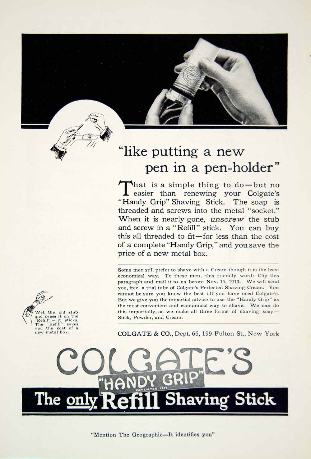 1919 Ad Colgate Handy Grip Shaving Stick Hygiene Health Facial Hair Remover YNG4