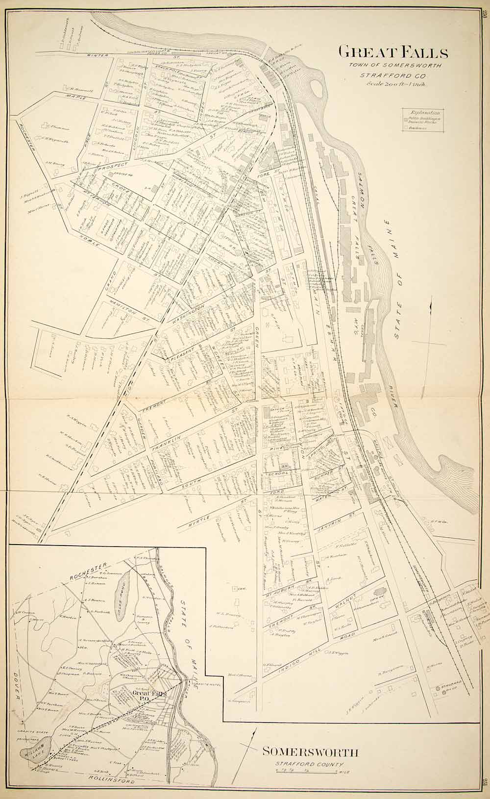 1892 Lithograph Map City Great Falls Somersworth Strafford County New YNHA1