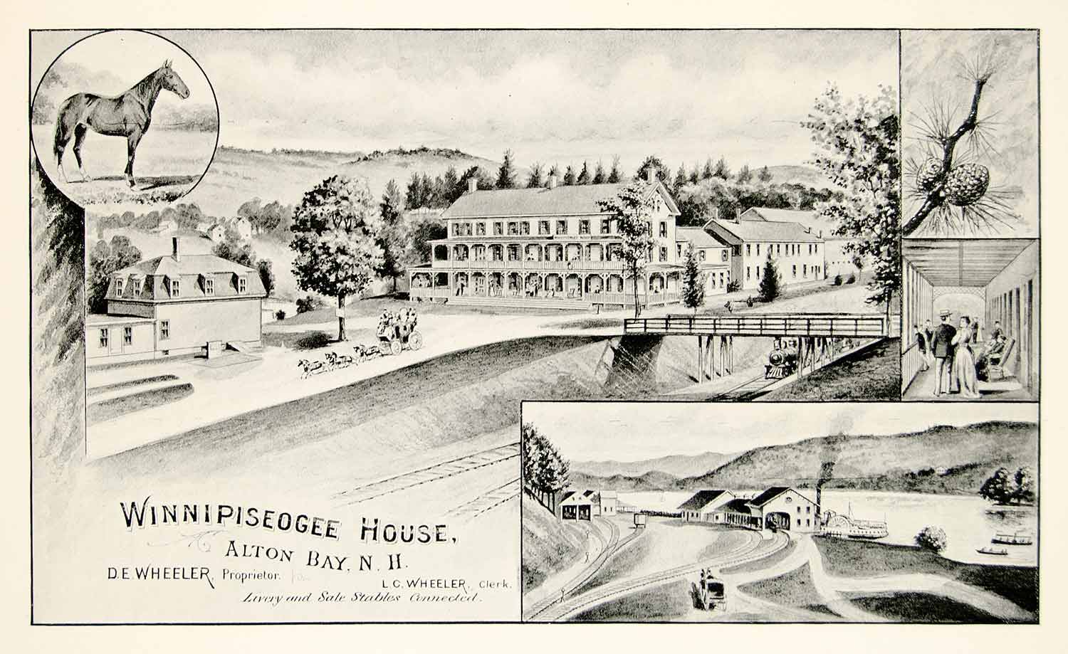 1892 Print Winnipiseogee House Alton Bay Hotel Resort New Hampshire Livery YNHA1