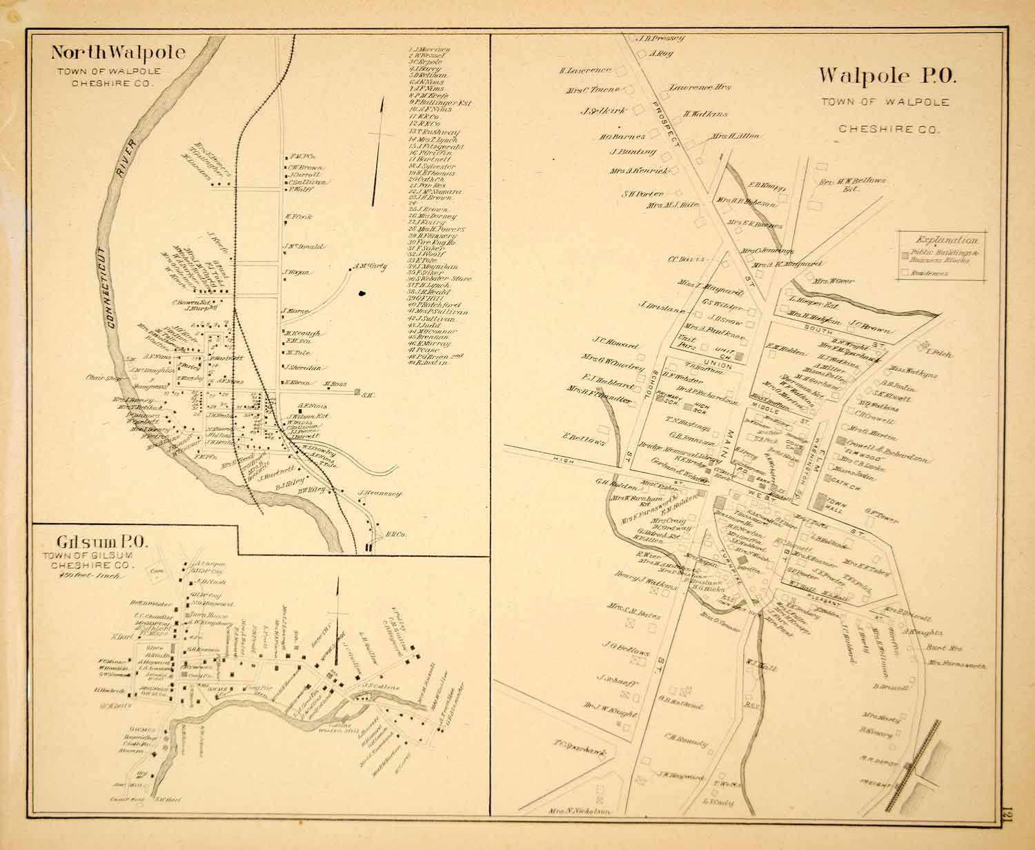 1892 Lithograph Map Walpole Gilsum Town Cheshire County New Hampshire NH YNHA2