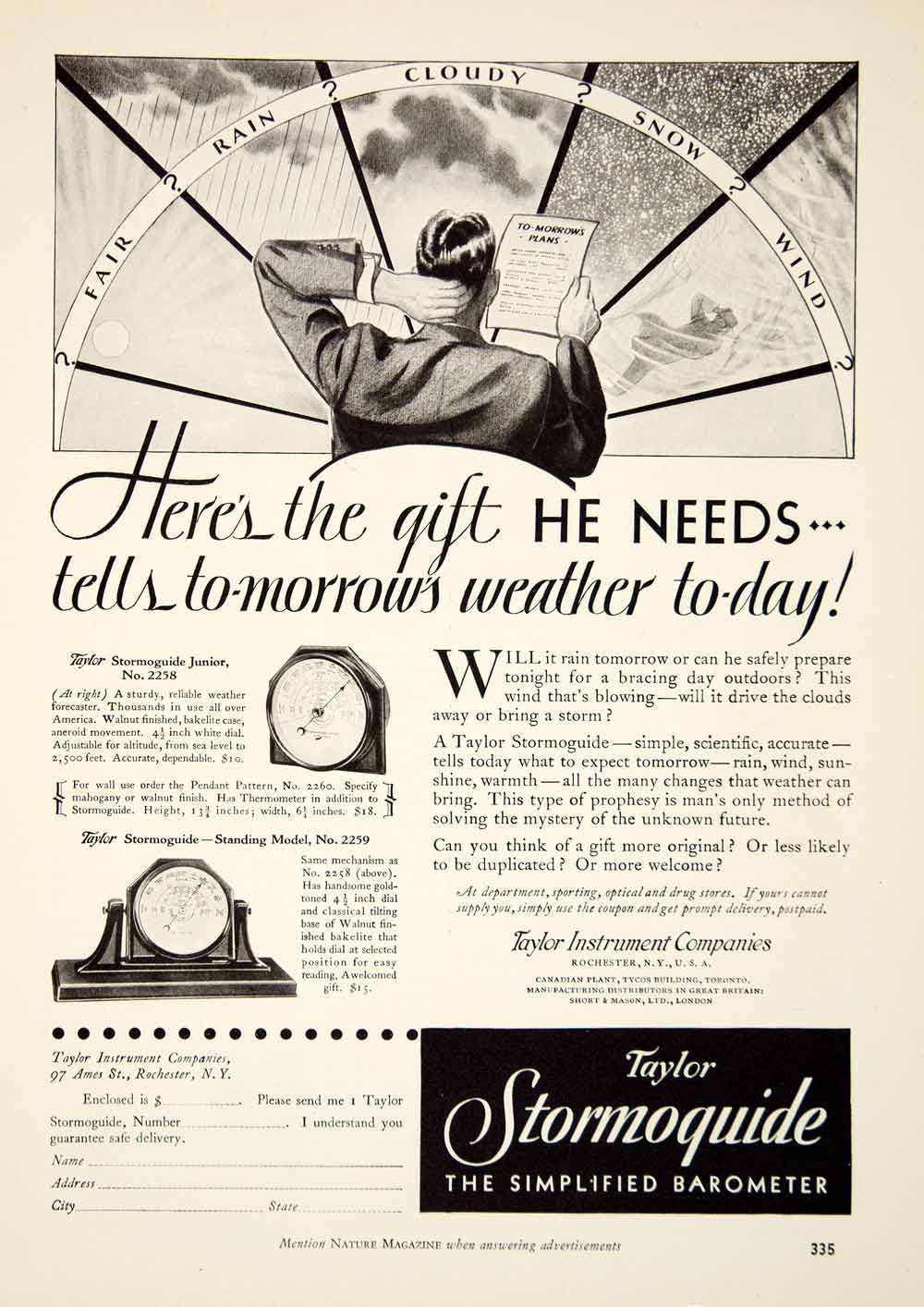 1930 Ad Taylor Stormoguide Barometer Weather Instrument 97 Ames St YNM2