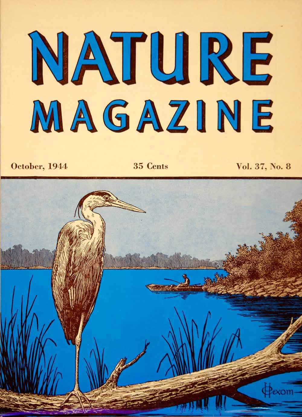 1944 Cover Lithograph Nature Magazine Great Blue Heron Lake Bird Hexon Art YNM5