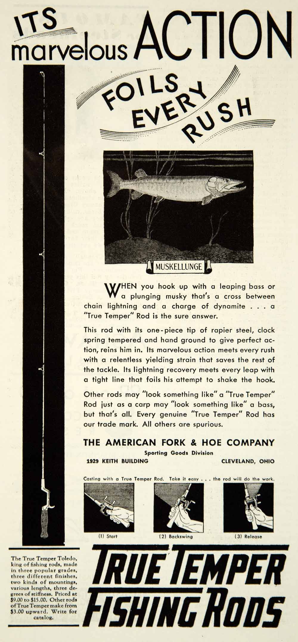 1931 Ad True Temper Toledo Fishing Rod Muskellunge 1929 Keith Bldg YNS –  Period Paper Historic Art LLC