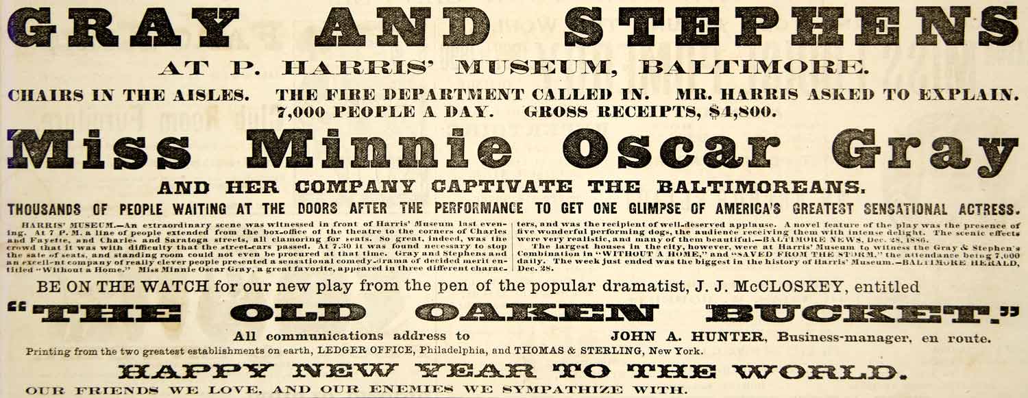 1887 Ad Harris Museum Baltimore Theatre Acts Minnie Oscar Gray Stephens YNY1