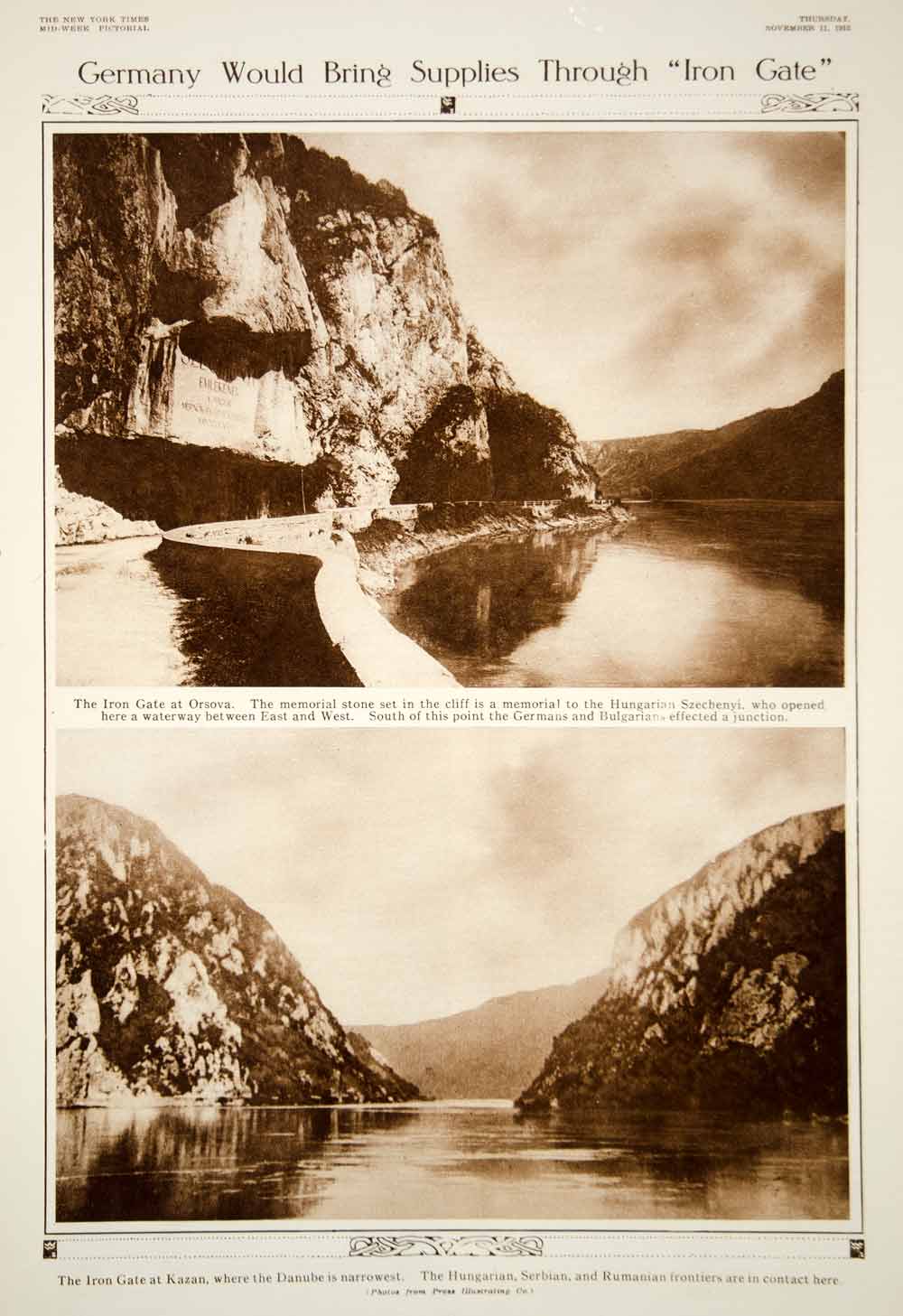 1915 Rotogravure WWI Iron Gates Danube River Gorge Kazan Orsova Memorial YNY2