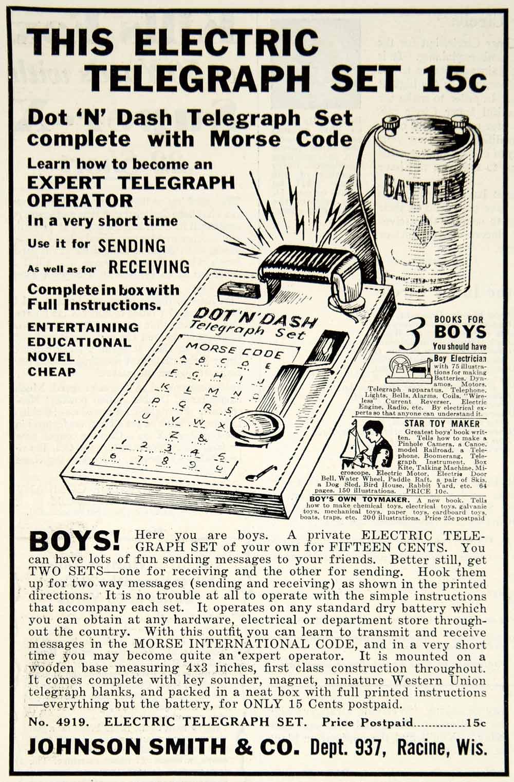 1933 Ad Electric Telegraph Johnson Smith Dot 'N' Dash Children's Toy Boys YOR2