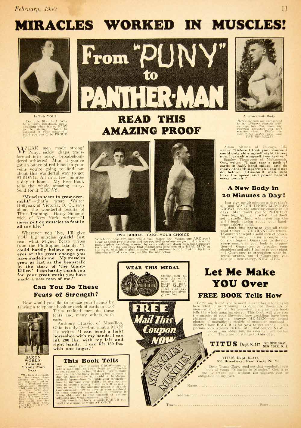 1930 Ad Titus Frpt K147 853 Broadway New York Puny Pantherman Physical YPC1