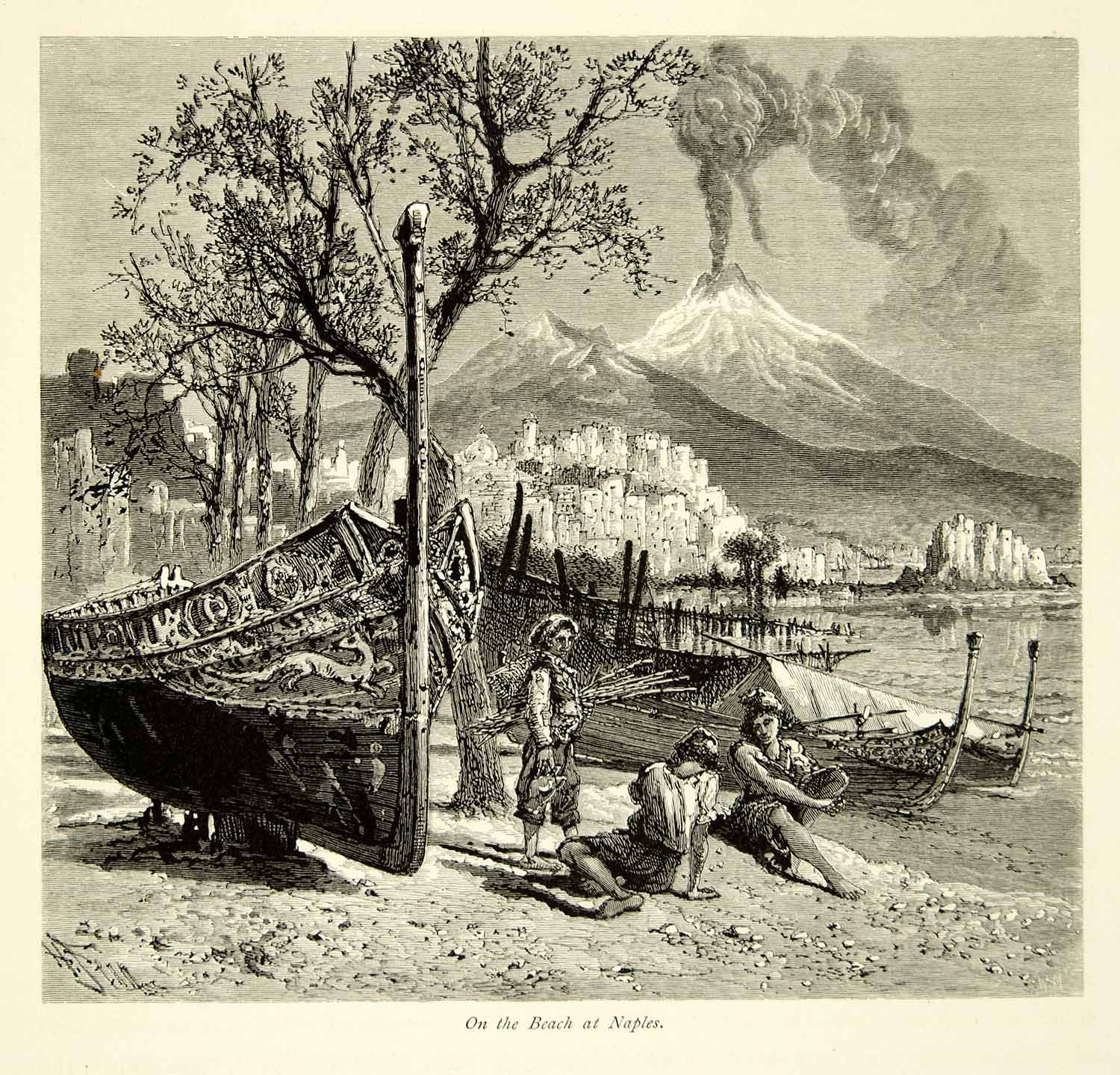 1878 Wood Engraving Harry Fenn Art Beach Naples Italy Boat Tyrrhenian Sea YPE3