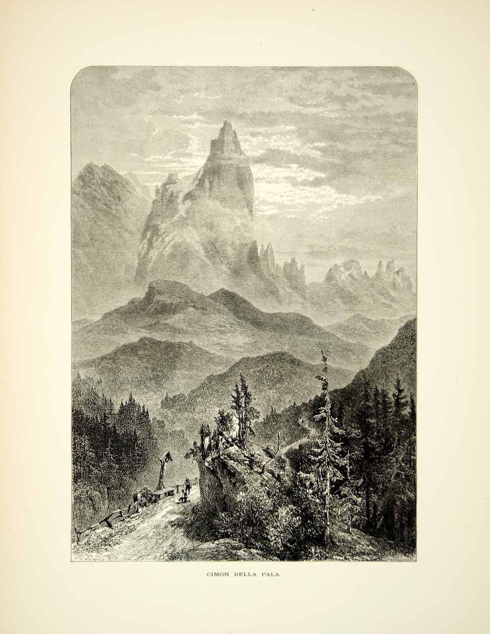 1878 Wood Engraving Edward Whymper Art Dolomite Mountains Italy Cimon Della YPE3