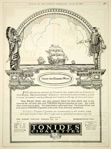 1918 Ad Tonides Cigarettes Sir Walter Raleigh Ship Native American Tobacco Pipe