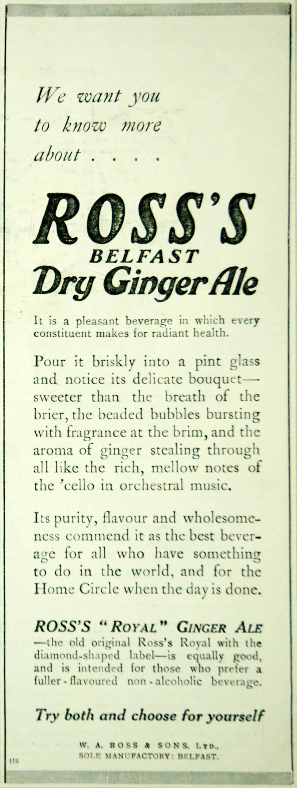 1915 Ad Vintage Ross's Belfast Dry Ginger Ale Soda Beverage W. A. Ross & Sons