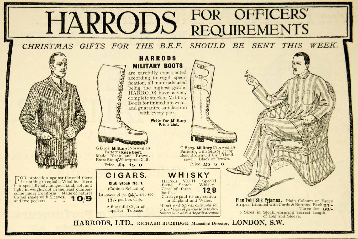 1916 Ad World War I Harrods London Military Boots BEF Woolie