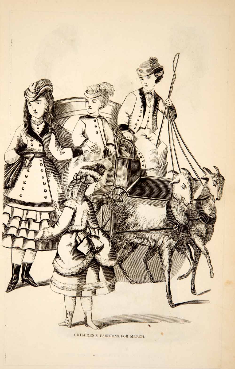 1870 Wood Engraving Victorian Children Boy Girl Costume Hat Dress Goat Cart YPM3