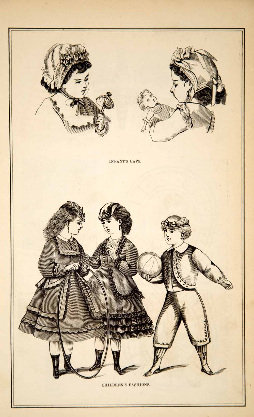 1870 Wood Engraving Victorian Children Dress Toys Boy Suit Infant Baby Cap YPM3