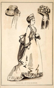 1870 Wood Engraving Victorian Lady Evening Dress Bonnet Hat Costume Fashion YPM3