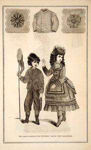 1870 Wood Engraving Victorian Children Boy Girl Dress Suit Jacket Costume YPM3