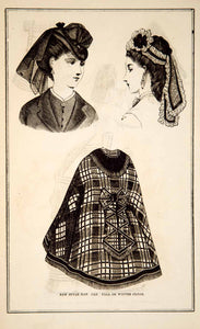 1870 Wood Engraving Victorian Lady Fall Cloak Hats Fashion Style Clothing YPM3