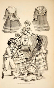 1870 Wood Engraving Victorian Children Winter Fashion Dresses Costumes Cat YPM3