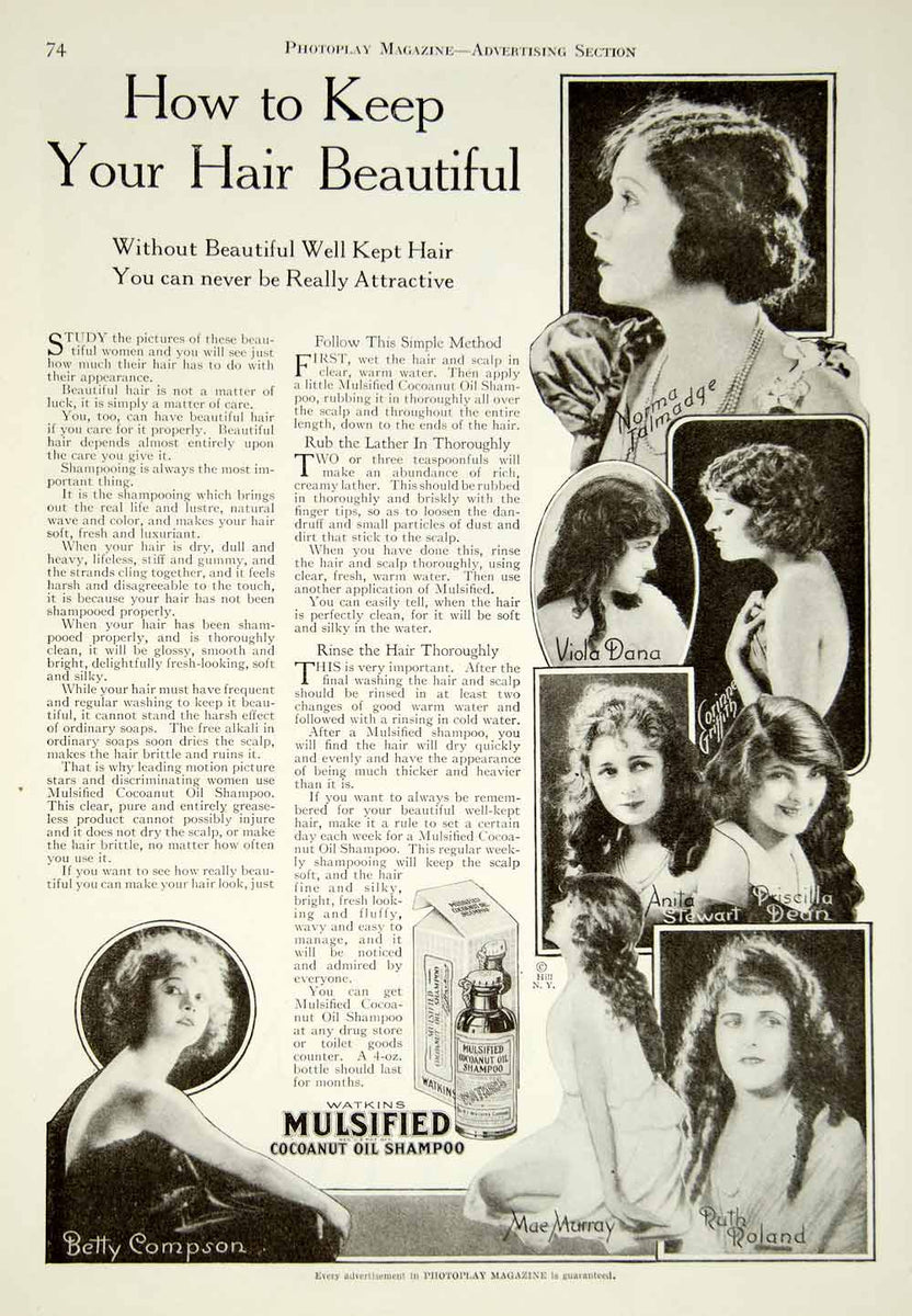 1921 Ad Watkins Mulsified Cocoanut Oil Shampoo Silent Film Actresses M ...