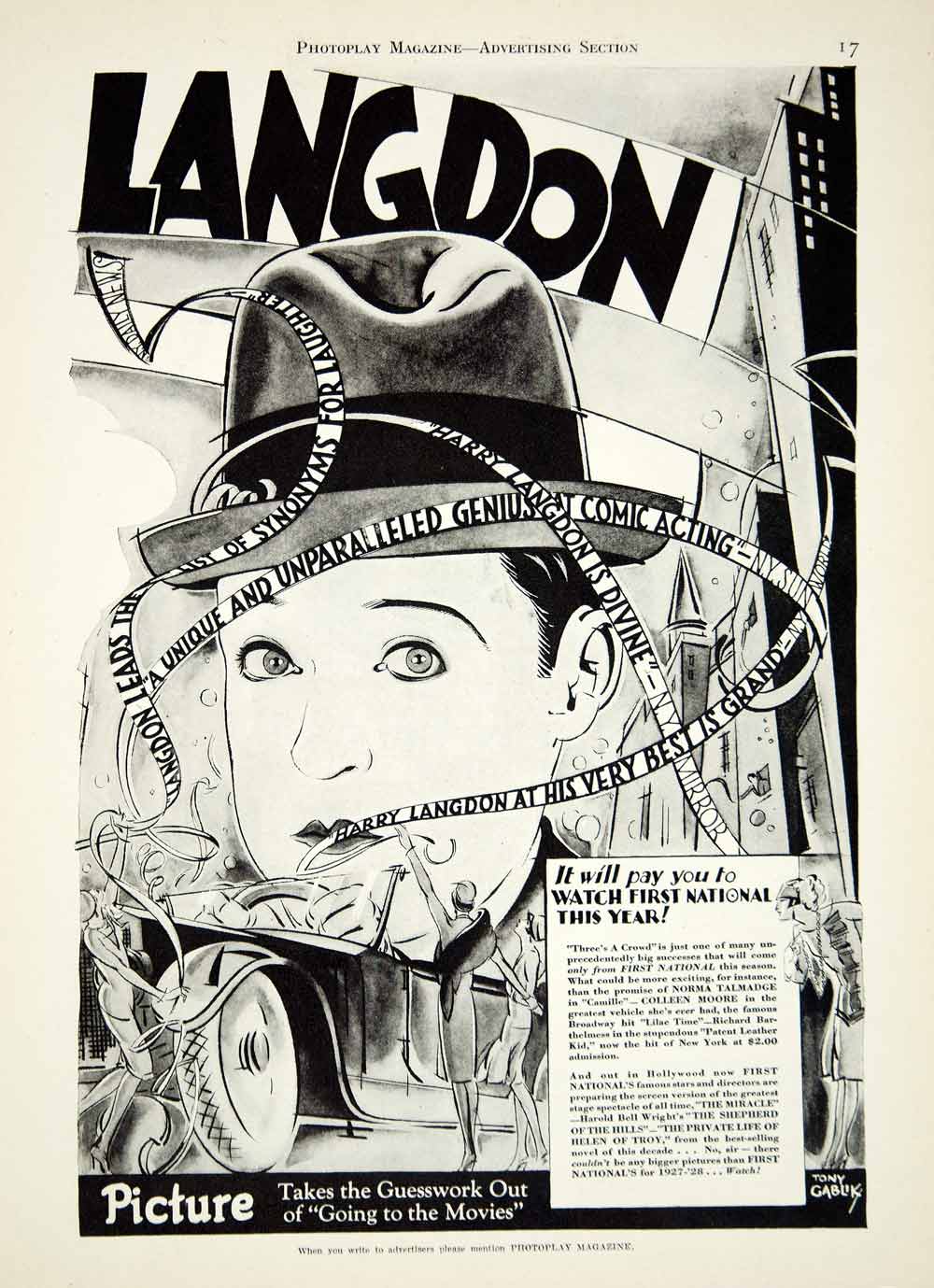 1927 Ad Silent Film Three's a Crowd Harry Langdon Gladys McConnell Tony YPP3