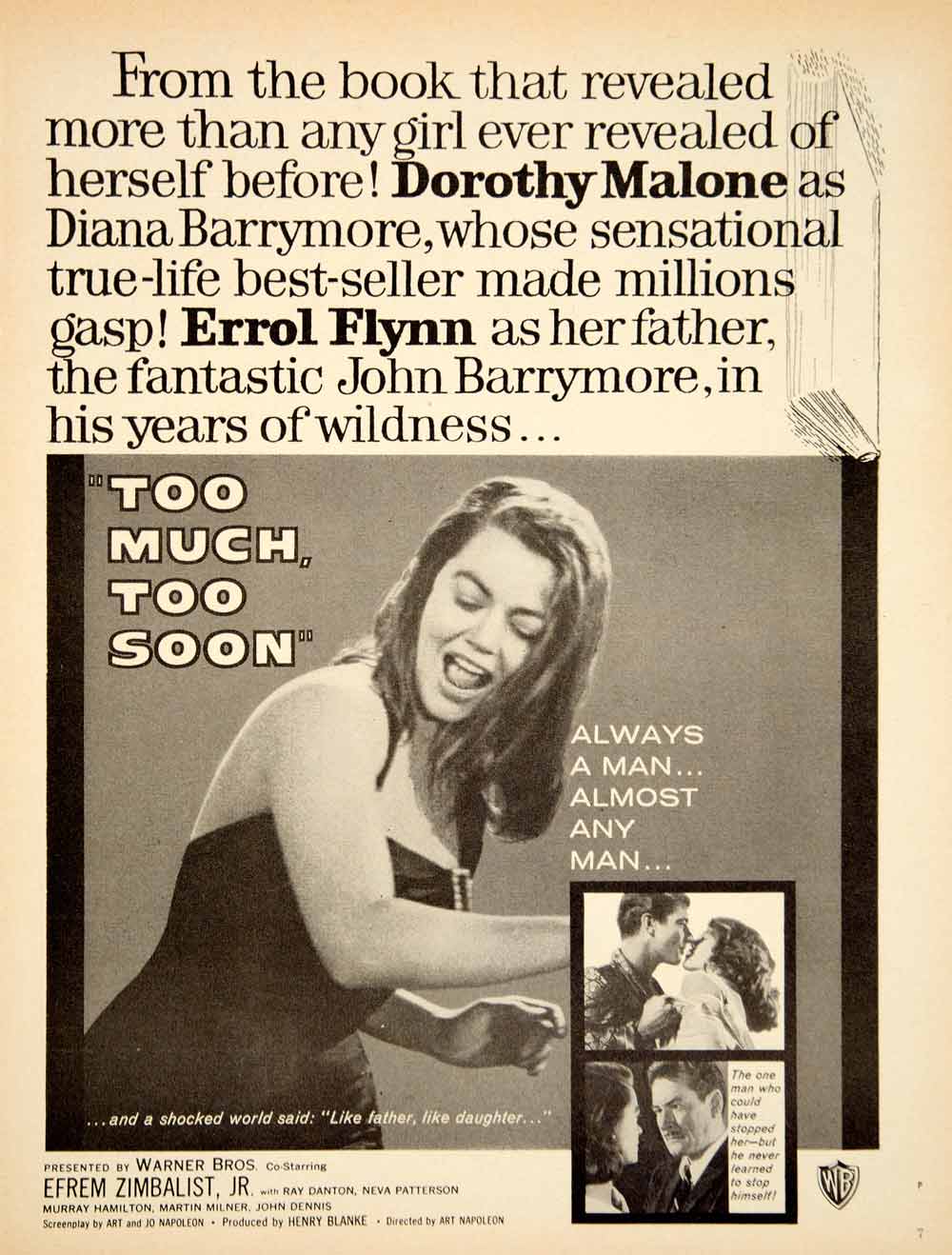 1958 Ad Movie Too Much Too Soon Diana John Barrymore Dorothy Malone Errol YPP4