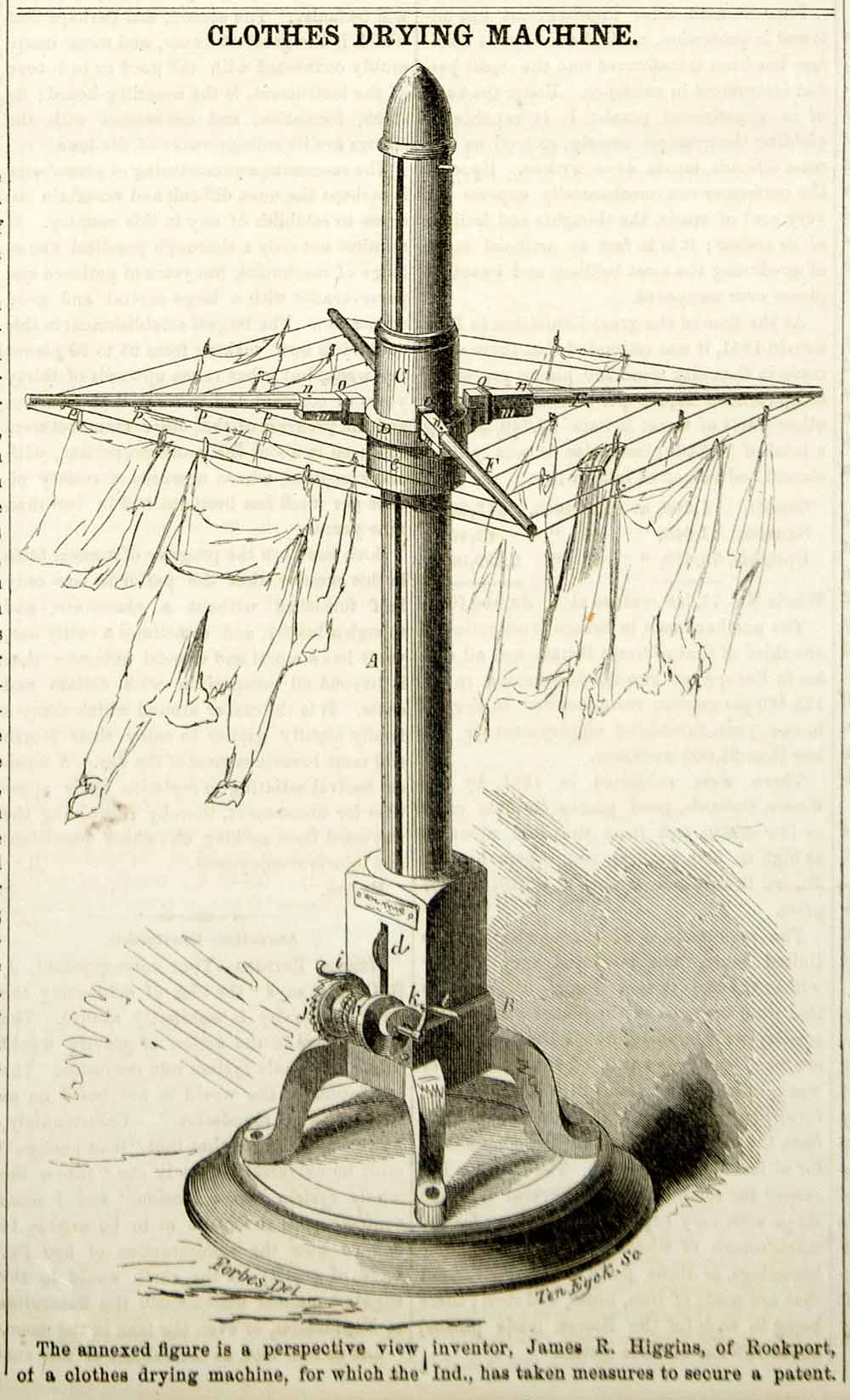 1855 Wood Engraving Antique Clothes Drying Pole Wash Line Laundry Victorian YSA2