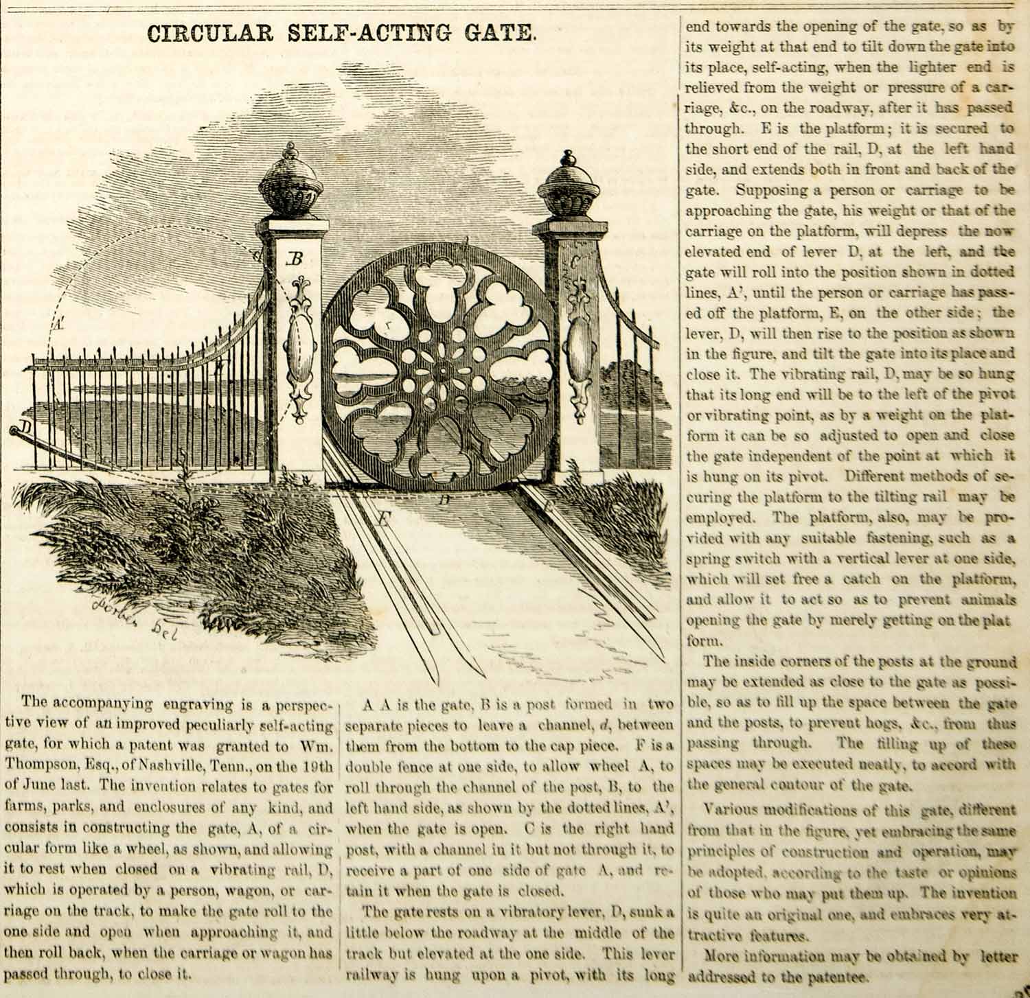 1855 Wood Engraving Antique Automatic Circular Gate Victorian Invention YSA2