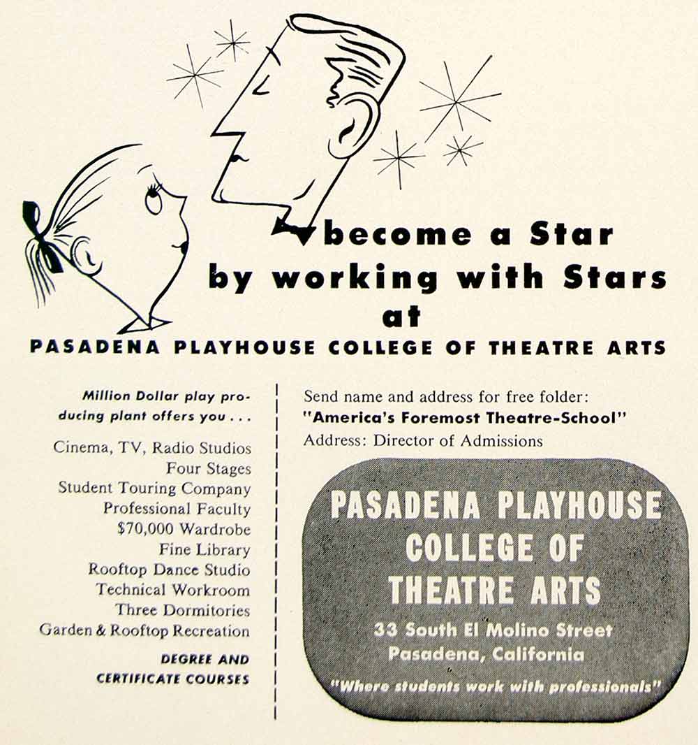 1954 Ad Vintage Pasadena Playhouse College of Theatre Arts Acting School YTA4