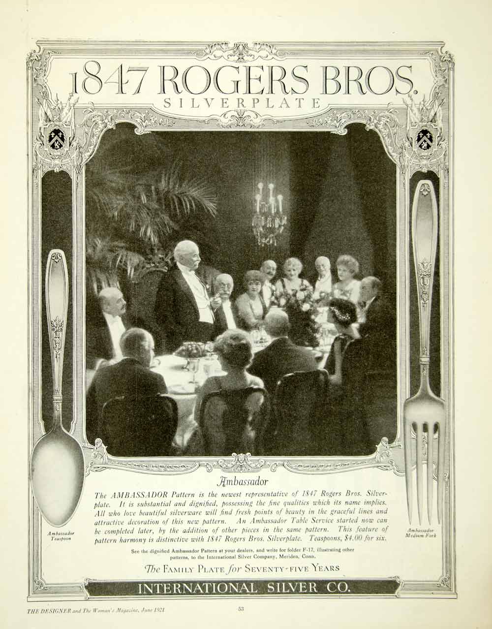 1921 Ad 1847 Roger Bros. Silverplate Ambassador Pattern Silver Teaspoon YTD3