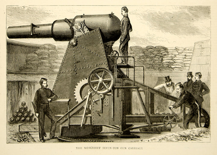 1870 Wood Engraving Moncrieff Seven Ton Gun Carriage Franco-Prussian War YTG1