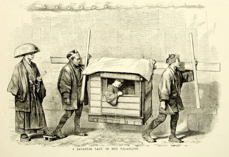 1870 Wood Engraving Japanese Palanquin Transportation Traditional Porters YTG1