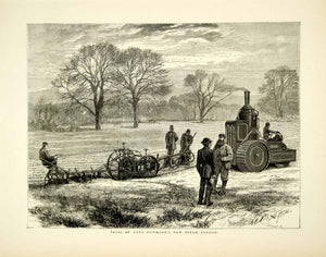 1871 Wood Engraving Art Dunmore Steam Plough Tractor Agriculture Scotland YTG2