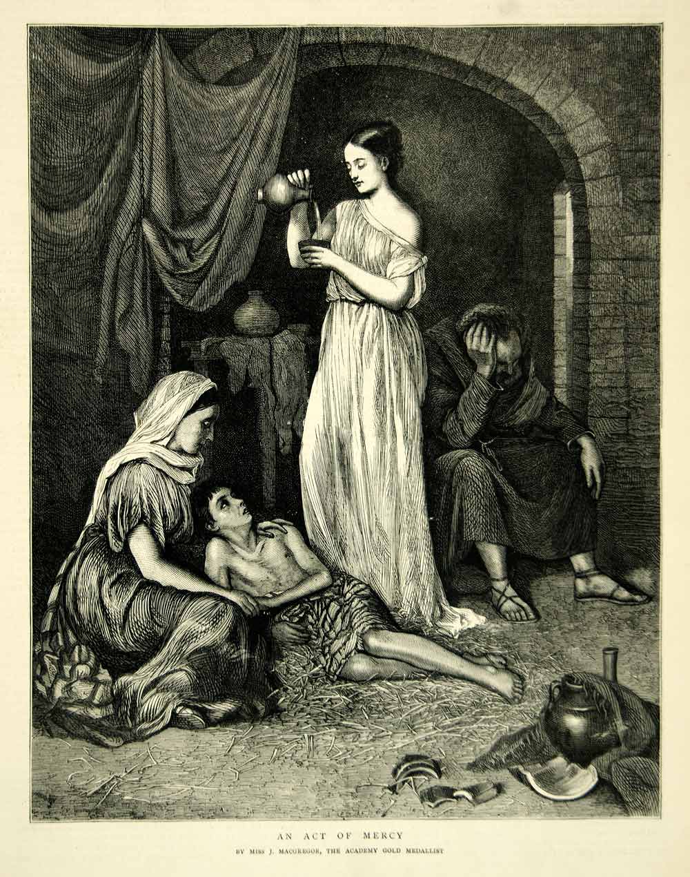 1872 Wood Engraving Jessie Macgregor Art Act Mercy Religious Matthew 25:36 YTG4