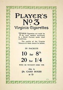 1926 Ad Player's Number 3 Virginia Cigarettes Tobacco Smoke Typography Cork YTL1