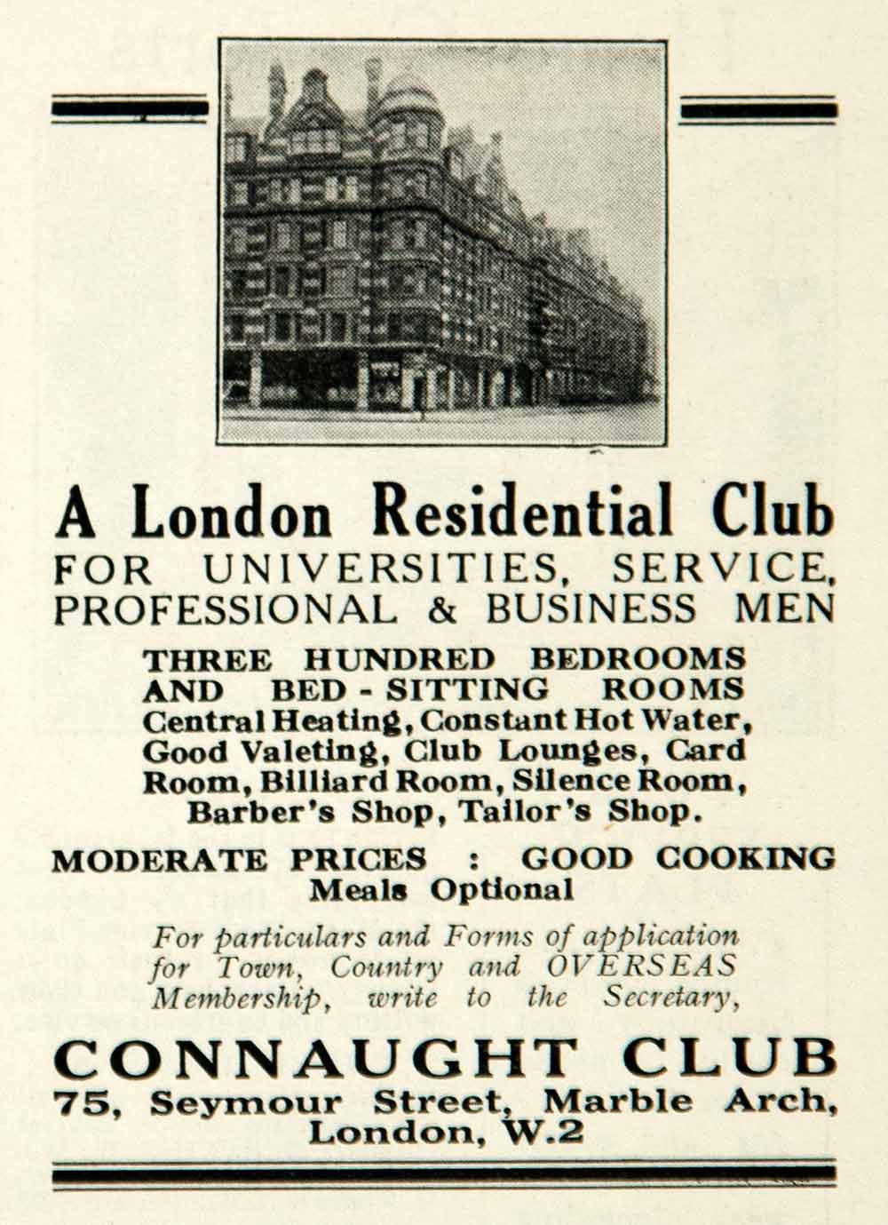 1926 Ad Connaught Club London Residential Club 75 Seymour Street Marble YTL1