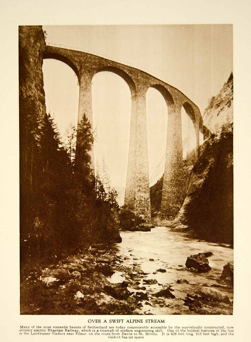 1922 Photogravure Landwasser Viaduct Rhaetian Railway River Switzerland YTMM4