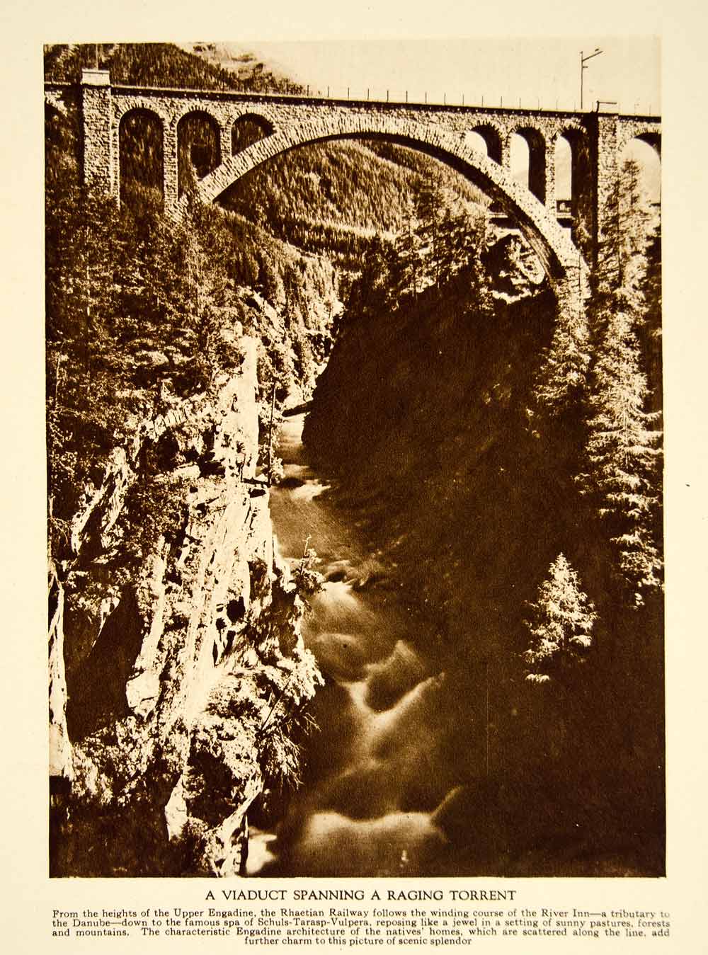 1922 Photogravure Rhaetian Railway Railroad Bridge River Inn Switzerland YTMM4